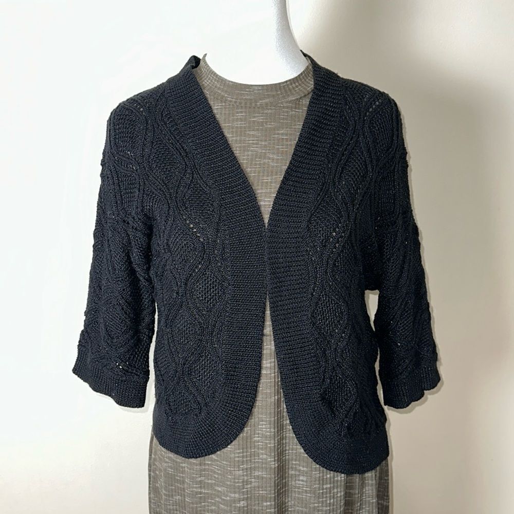 ALFANI PM Cable Eyelet Knit Cropped Quarter Sleeve Open Front Cardigan